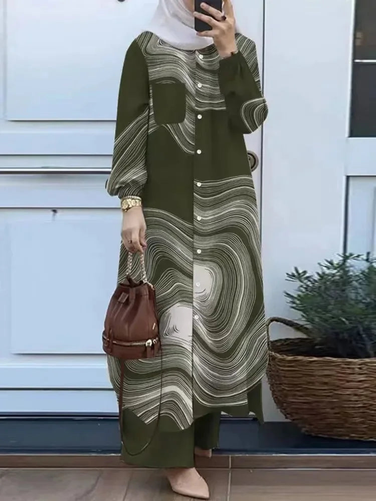 Pant Set Two Piece Shirt Pants Women Suits Shirt Blouse Musulman Ensembles Moroccan Kaftan Islamic Dress Sets