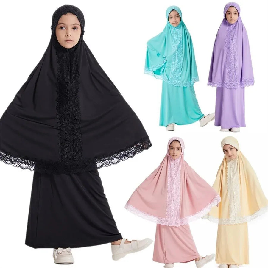 Ramadan Eid Kaftan Girls Khimar Abaya Set Kids Dubai Turkey 2 Piece Hijab Muslim Dress Islam Khimar Skirt Robe Prayer Clothes
