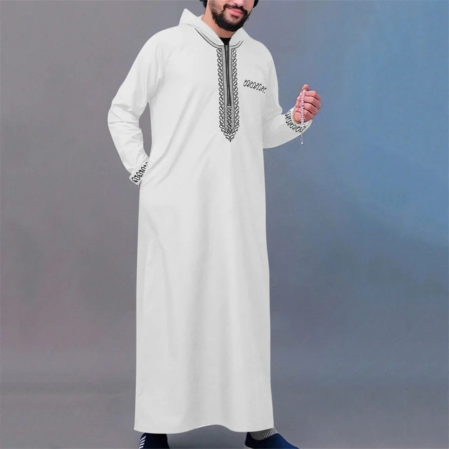 Men's Hooded Ramadan Robe Kaftan Muslim Thobe Long Sleeve Embroidered Islamic Casual Loose Dress for Saudi Arabia