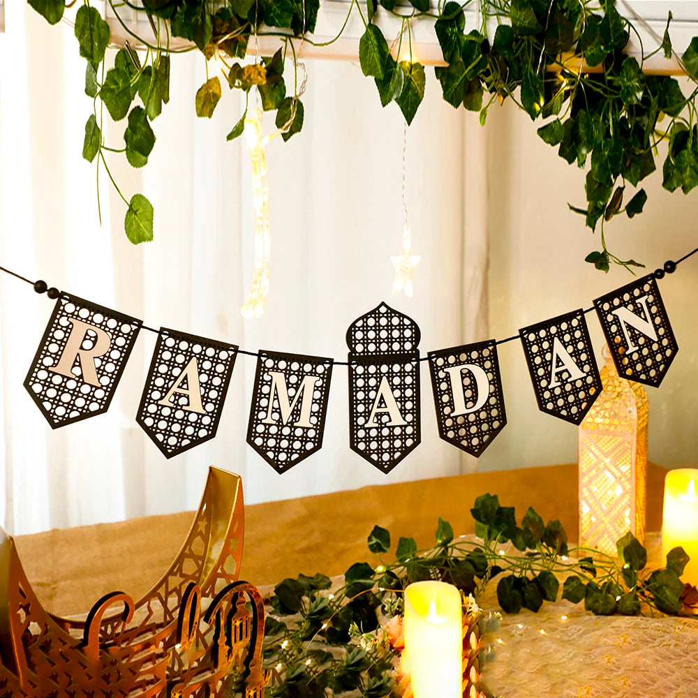 Ramadan Mubarak Banner - Hollow Lantern Hanging Garland for Islamic Muslim Eid Festival Home Party Ornament Wall Decor Supplies