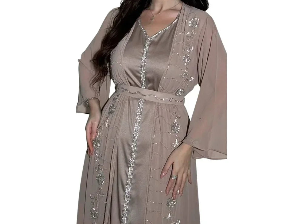 Muslim Set Dress Women Four-season Commute Muslim Set Fashion Party Dubai Turkey Long Sleeve Chiffon Cardigan Dress and Vest 2ps