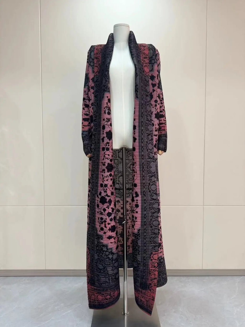 Miyake Pleated Women's Long Cardigan Windbreaker Coat Autumn New Ethnic Style Printing Loose Plus Size Dress Cloak Robe