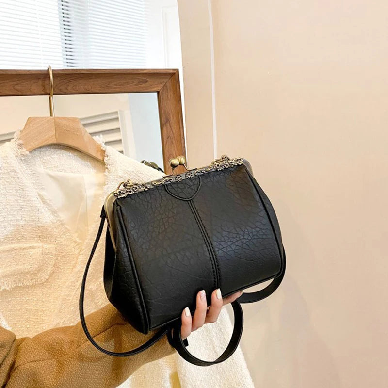 Fashion Women Clip Bags PU Leather Tote Handbag Female Kiss Lock Bag Luxury Vintage Crossbody Purse Bags Messenger Bag for Women