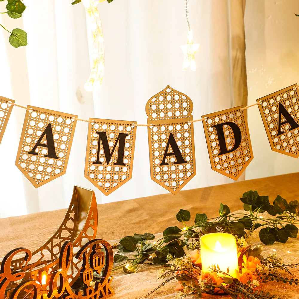 Ramadan Mubarak Banner - Hollow Lantern Hanging Garland for Islamic Muslim Eid Festival Home Party Ornament Wall Decor Supplies