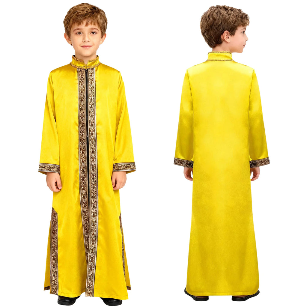 Boys Islamic Robe Kaftans Arab Gown Long Sleeves Slit Zipper Gold Embroidery Maxi Muslim Thobe Kids Festival Holiday Costume