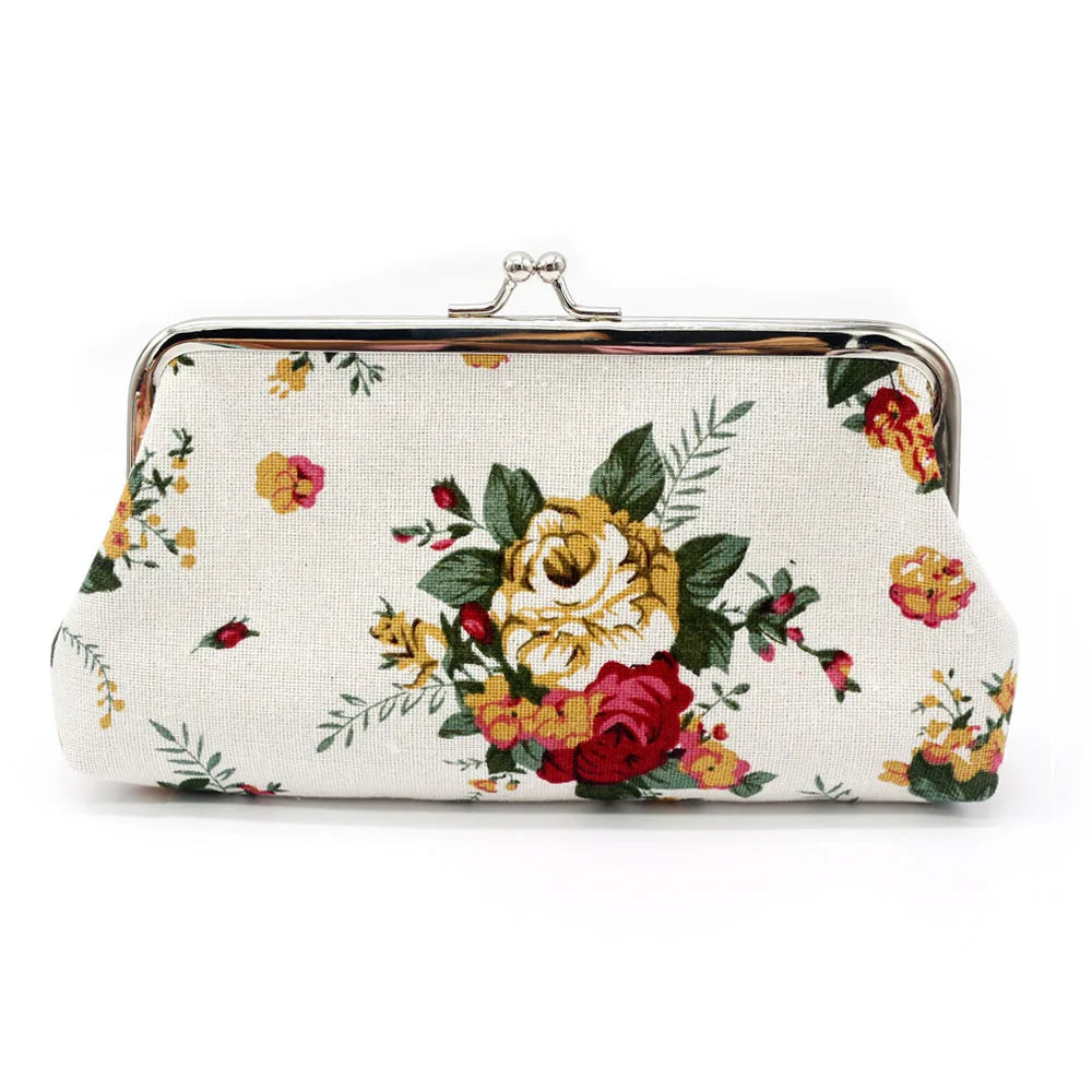 Women's Vintage Floral Pattern Coin Purse, Kiss-Lock Clutch Purse, Lightweight Wallet