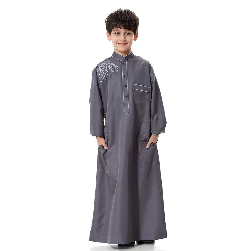 2025 New Kids Robe Children Embroidery Outfit Boys Ramadan Thawb Teens Long Sleeve National Clothes Arab Muslim Thobe 5-12 Years