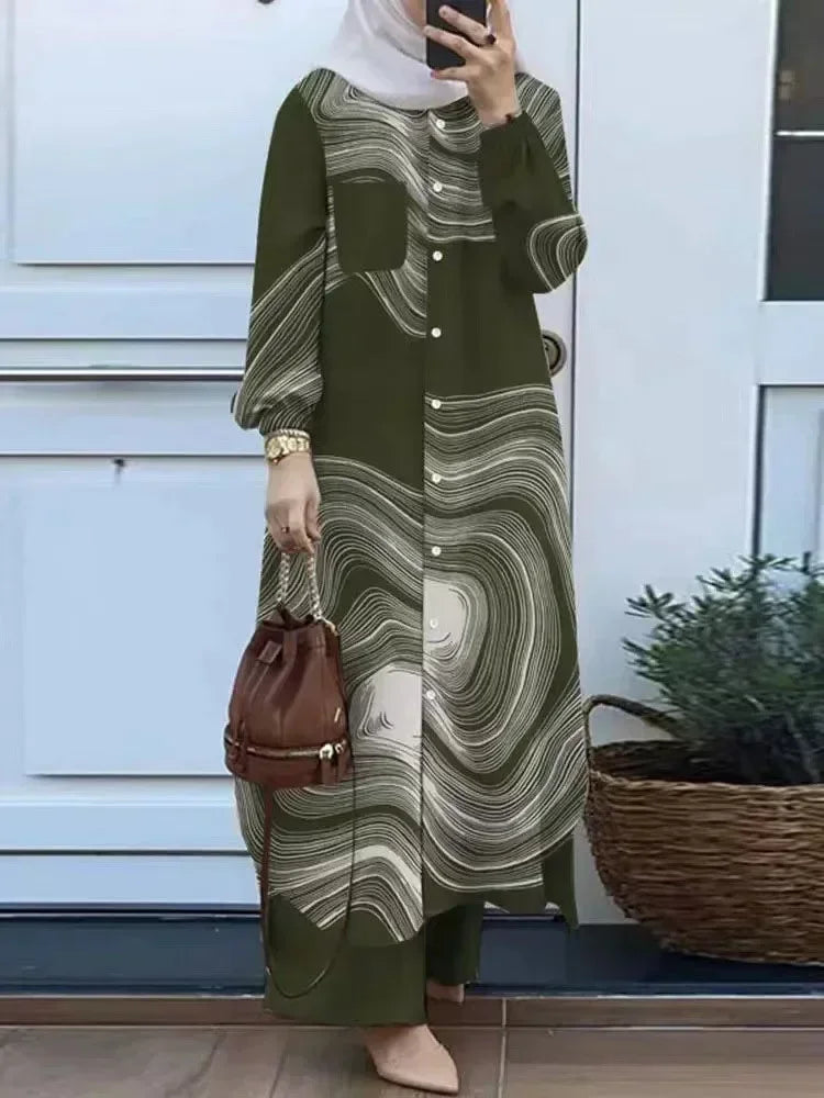 Pant Set Two Piece Shirt Pants Women Suits Shirt Blouse Musulman Ensembles Moroccan Kaftan Islamic Dress Sets