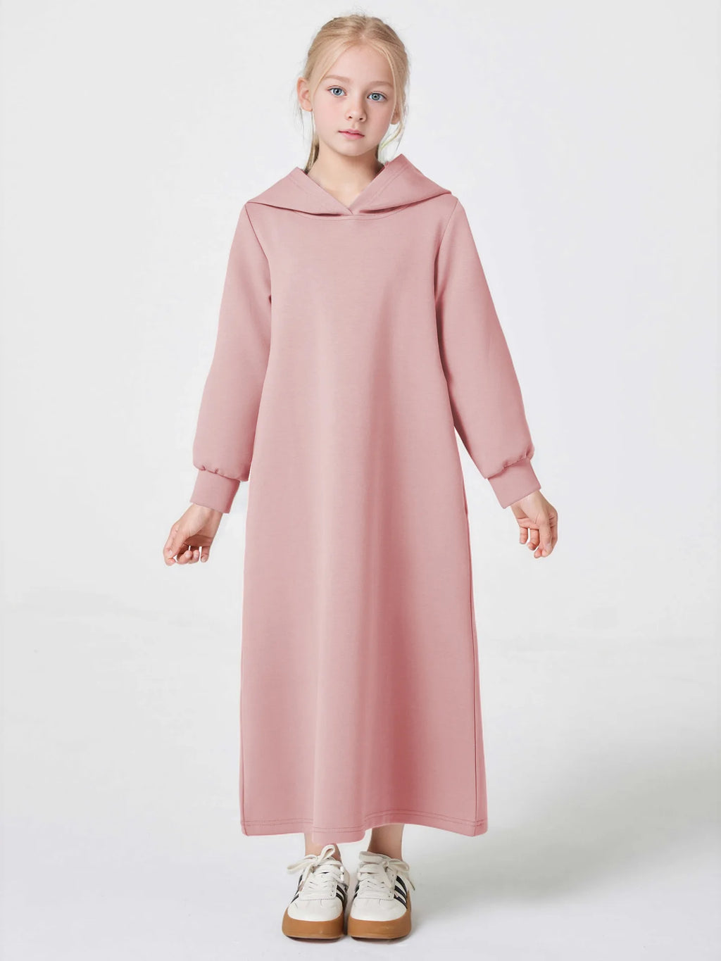 Middle East Muslim Fashion Abayas for Girls Solid Color Simple Hoodie Dress with Pocket Hooded Cuff Design Eid Ramadan Kids Robe