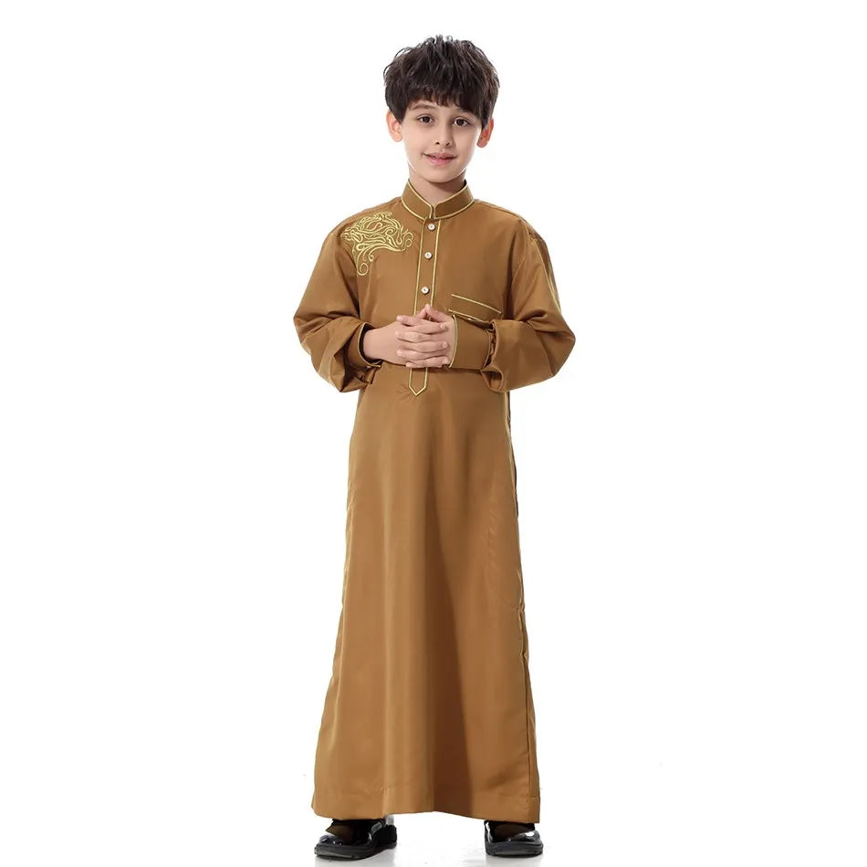 2025 New Kids Robe Children Embroidery Outfit Boys Ramadan Thawb Teens Long Sleeve National Clothes Arab Muslim Thobe 5-12 Years