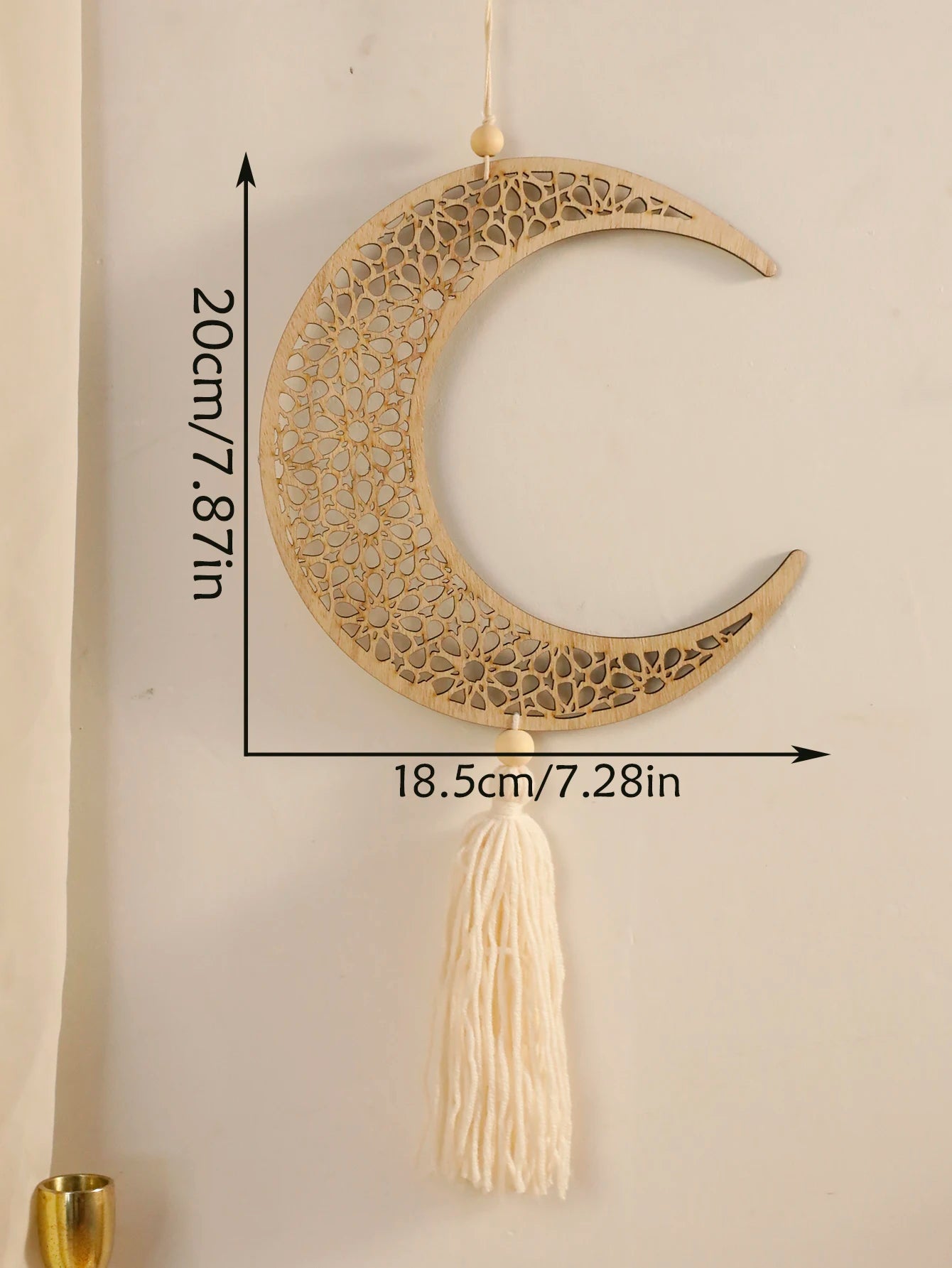 Ramadan Wooden Hanging Ornaments，Moon and Star Hollow Mesh Wall Decor with Tassel ，Eid Mubarak Muslim Decor，Ramadan Kareem Gift