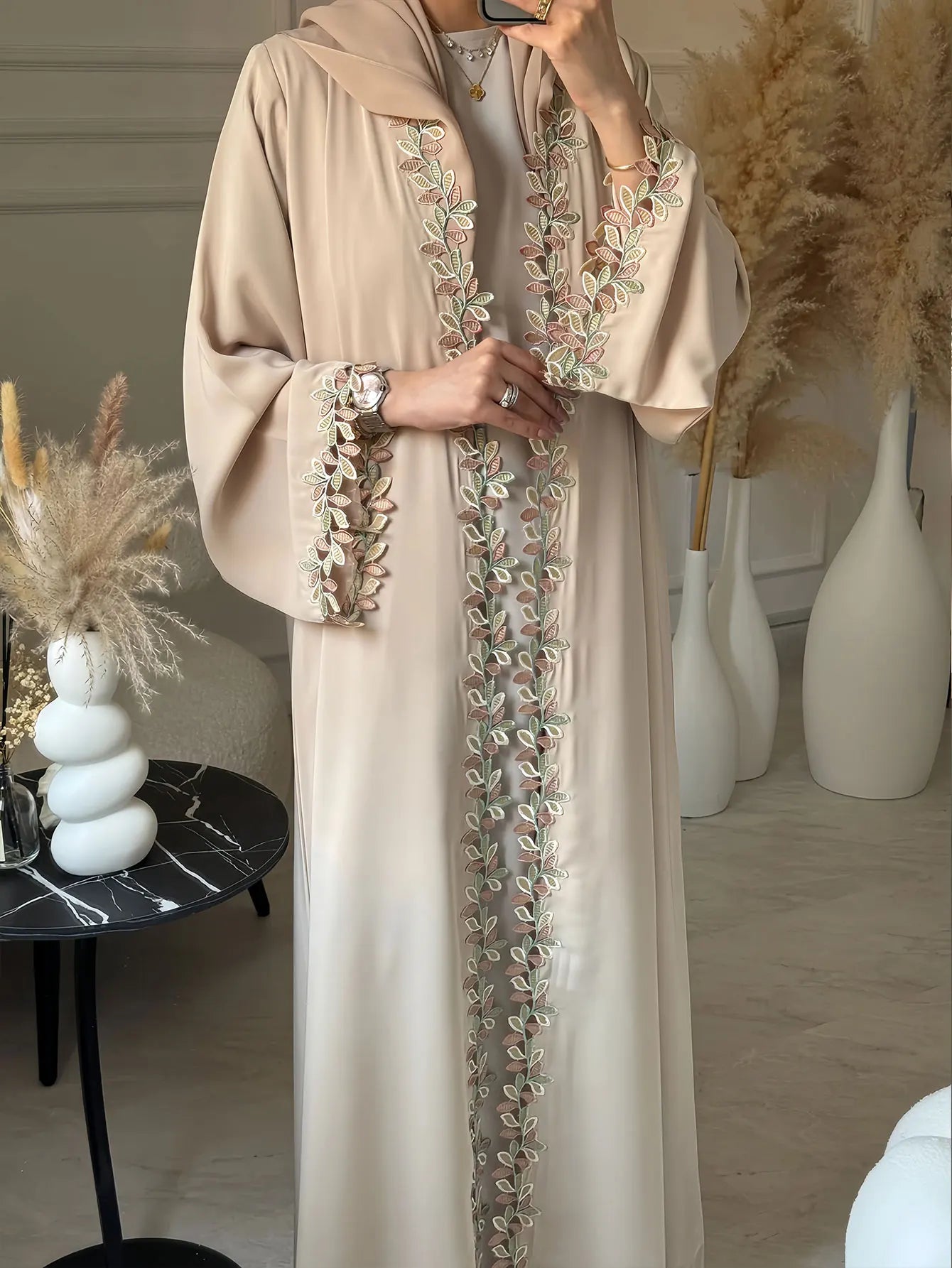 Dubai Elegant Beige Abaya for Muslim Women - Intricately Crafted with Multicolored Embroidery Piece in Islamic Modest Fashion