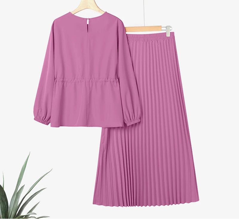 Autumn Outfits Muslim Women 2 Piece Sets Elegant Fashion Long Sleeve Tops Pleated Maxi Skirts Suit 2PCS Tracksuits