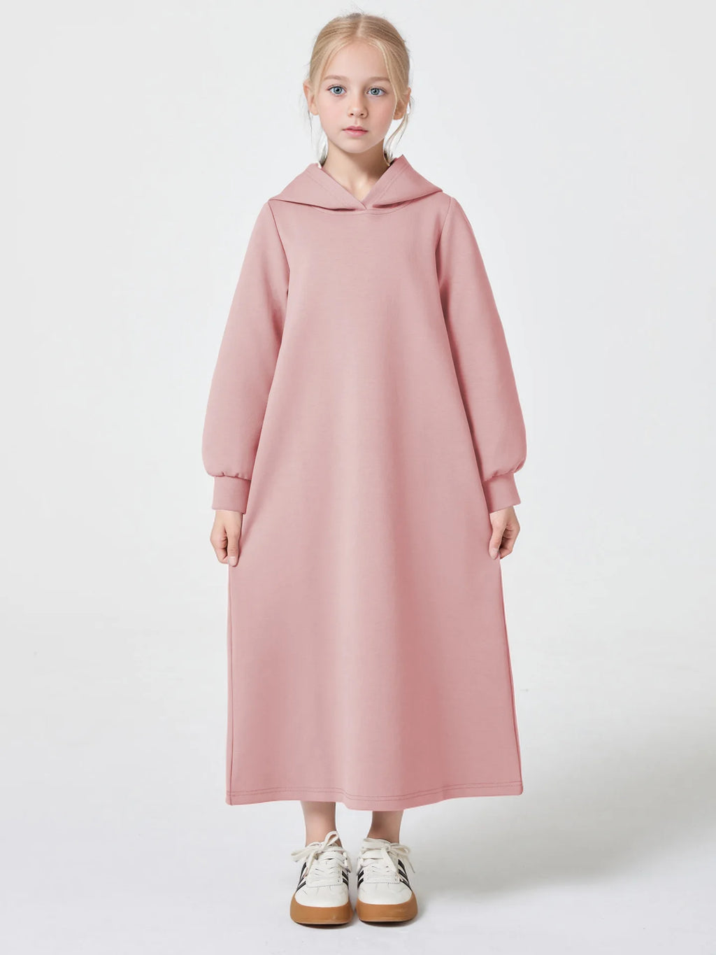 Middle East Muslim Fashion Abayas for Girls Solid Color Simple Hoodie Dress with Pocket Hooded Cuff Design Eid Ramadan Kids Robe