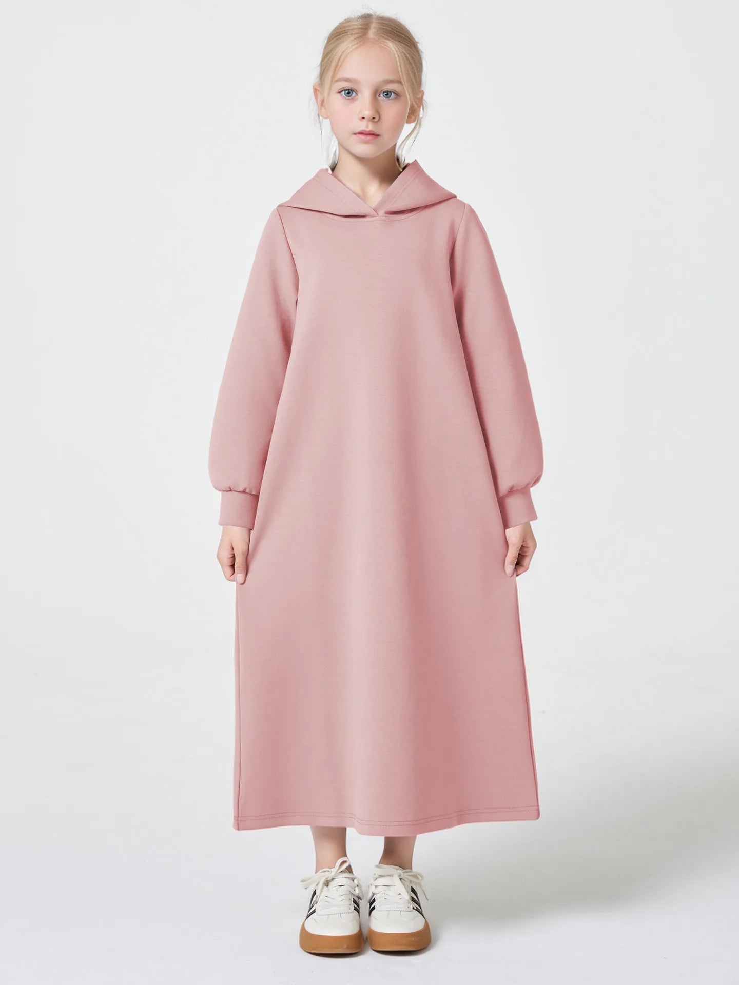 Middle East Muslim Fashion Abayas for Girls Solid Color Simple Hoodie Dress with Pocket Hooded Cuff Design Eid Ramadan Kids Robe