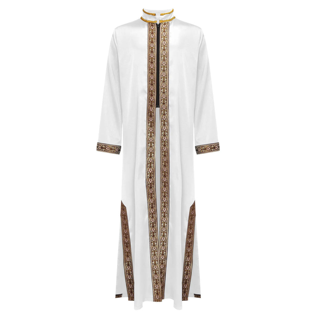Boys Islamic Robe Kaftans Arab Gown Long Sleeves Slit Zipper Gold Embroidery Maxi Muslim Thobe Kids Festival Holiday Costume