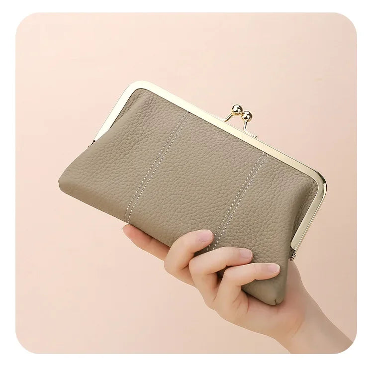 Genuine Leather Ladies Multi-Functional Clip-On Wallet Long Dinner Bag Lychee Pattern Top Layer Cowhide Handbag Soft Shell