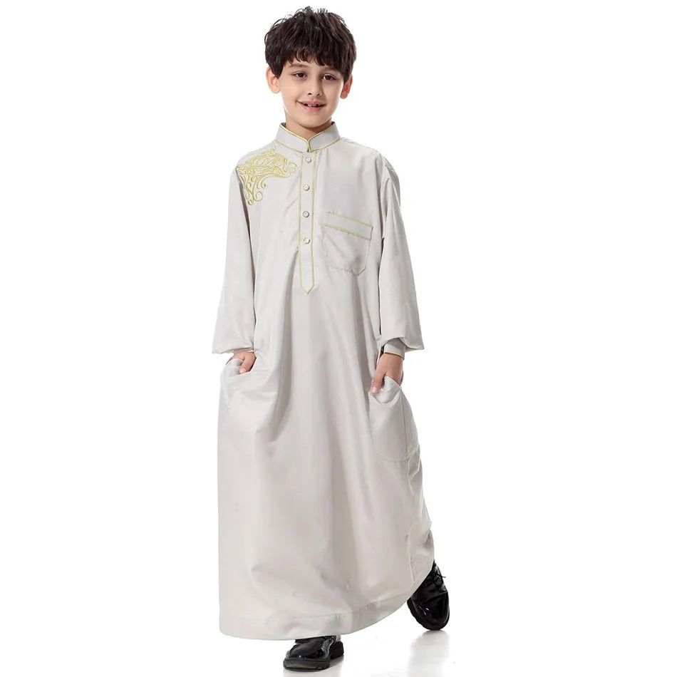 2025 New Kids Robe Children Embroidery Outfit Boys Ramadan Thawb Teens Long Sleeve National Clothes Arab Muslim Thobe 5-12 Years