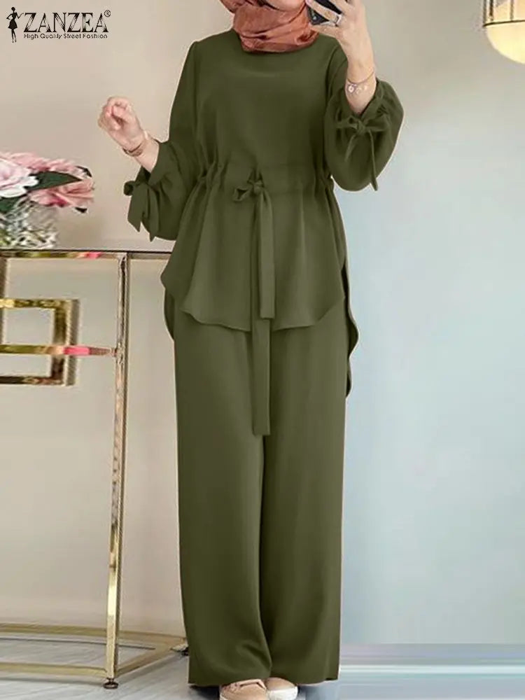 ZANZEA Muslim Women Matching Sets Long Sleeve Solid Color Tops And Loose Pant Suits Elegant Fashion Casual Tracksuit Kaftan