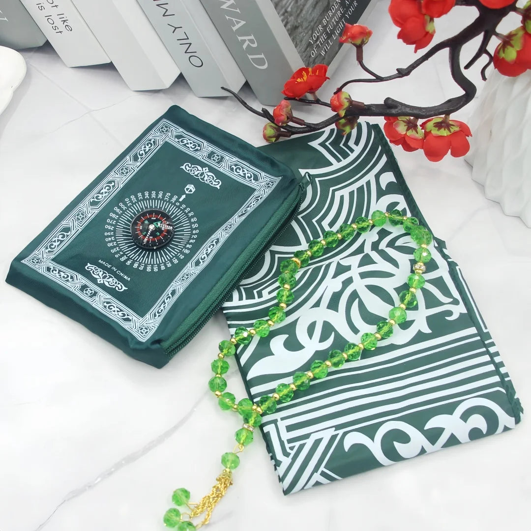 Travel Prayer Mat Rug With Prayer Beads Pocket Travel Foldable Portable Muslim Prayer Carpet with Compass Praying Rug