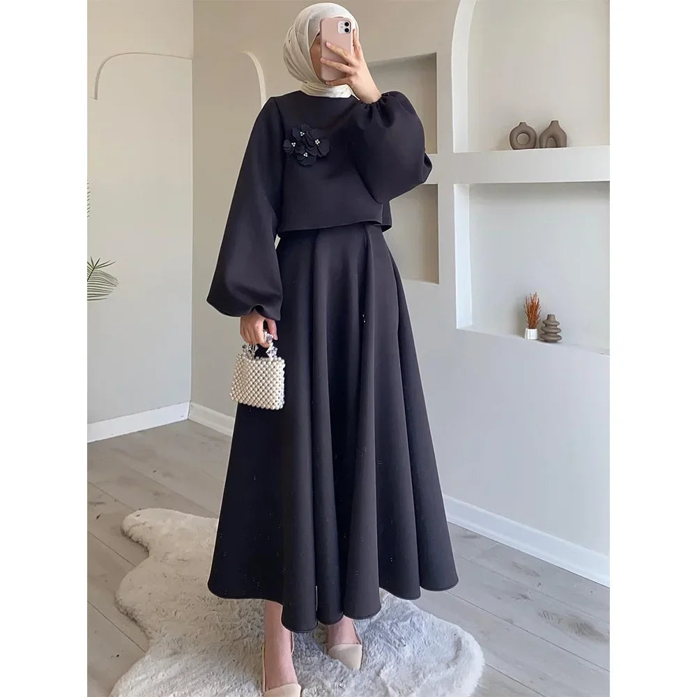 Fashion Set 2 Piece Women Lantern Sleeve Top Shirt & Skirts Suits Musulman Ensembles Jalabiya Appliques Muslim Sets