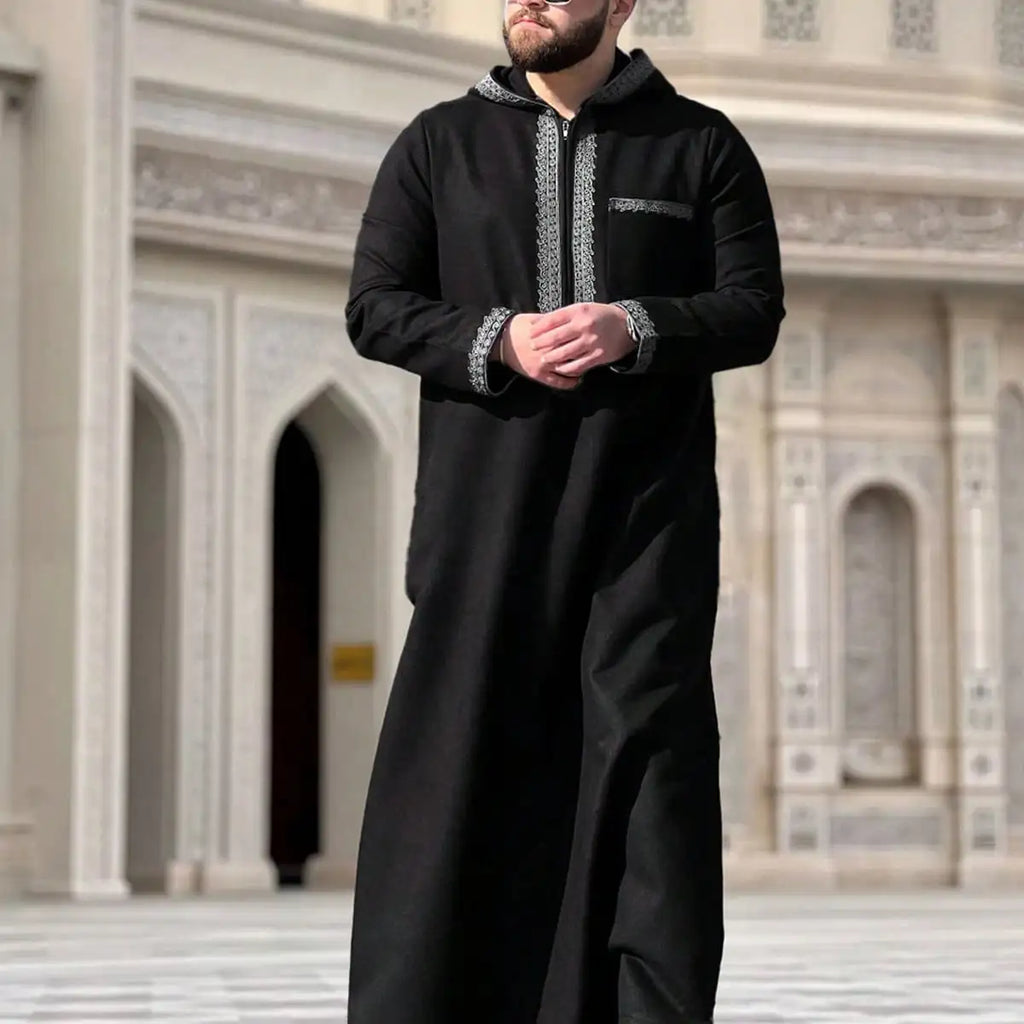 Moroccan Long-Sleeved Embroidered Hood Thobe Muslim Man Abaya Islamic Loose Fit Polyester Elastane Fashion Jubba Thobe for Adults