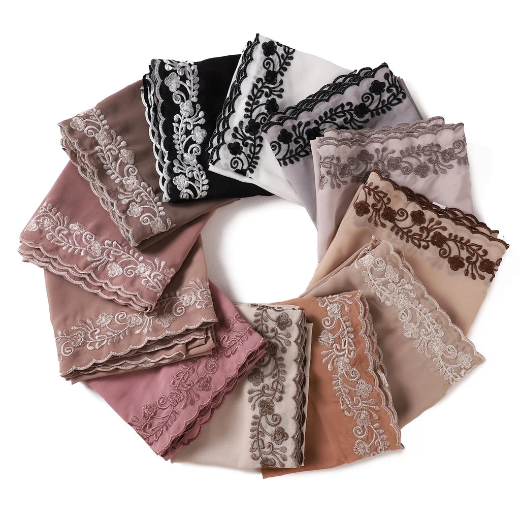 Embroidery Lace Chiffon Hijabs for women Vine Heavy Pearl Industry Edge Long Scarf Light Scarf Headscarf Shawl Turban Ramadan