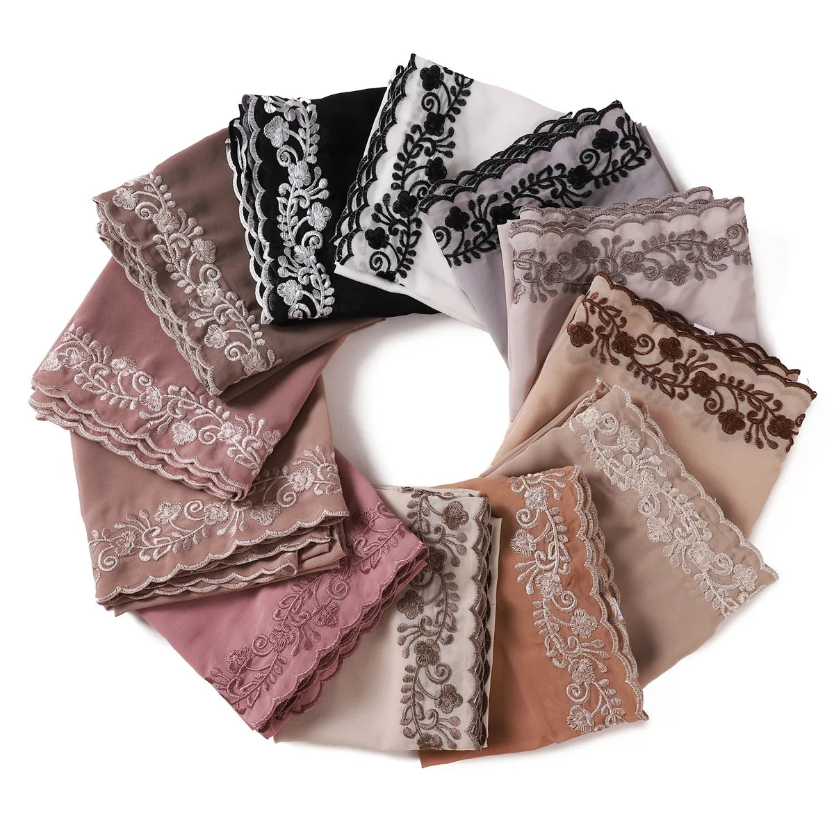 Embroidery Lace Chiffon Hijabs for women Vine Heavy Pearl Industry Edge Long Scarf Light Scarf Headscarf Shawl Turban Ramadan