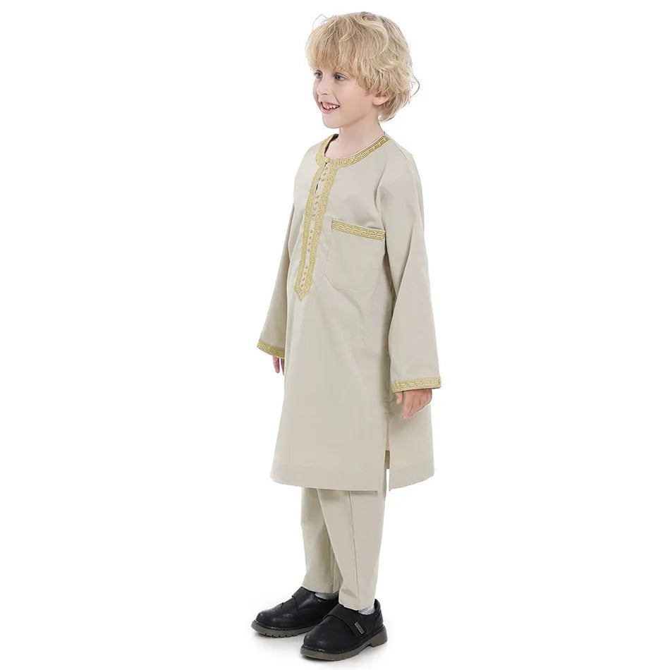 Ramadan Eid Muslim Boys Clothing Set Arab Thobe 2-Piece Outfit Long Sleeve Traditional for Kids Summer National Festival Costume