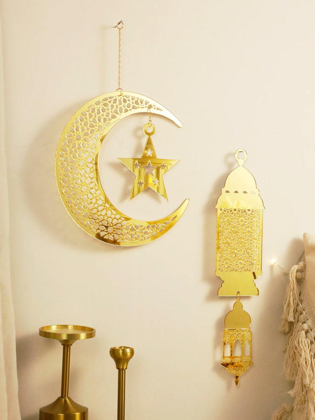 Gold Ramadan Acrylic Moon Hanging Ornaments with Hollow Mesh Star，Eid Mubarak Muslim Decor，Lanterns Wall Decor，Ramadan Kareem