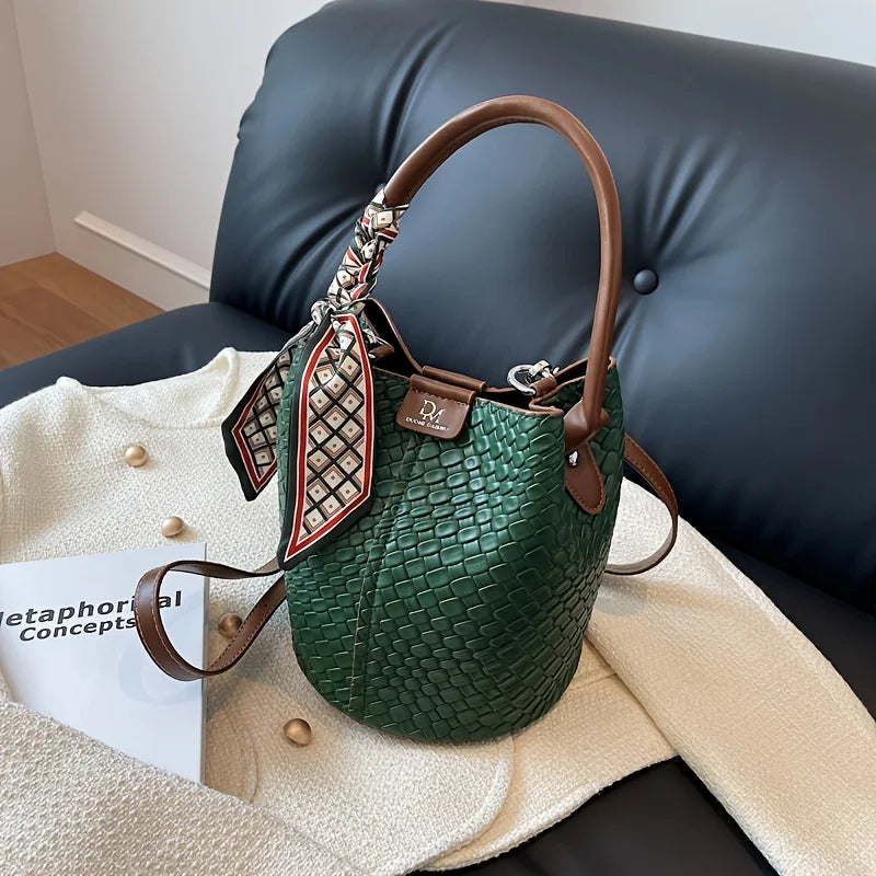 Fashionable Women's Bucket Bag, Stylish Solid Color Woven Effect Handbag Shoulder Bag and Crossbody Bag, Can Be Carried By Hand