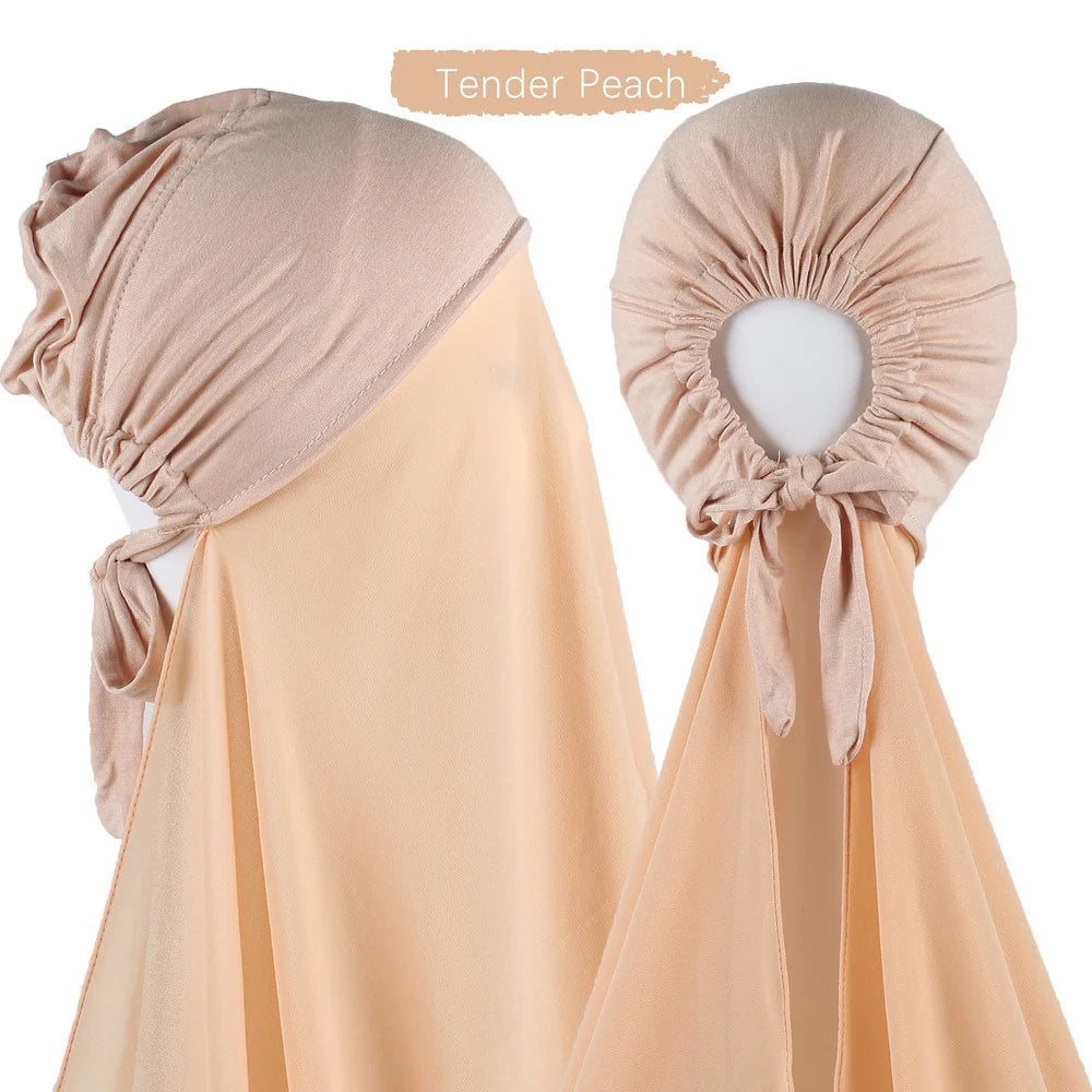 Muslim Instant Hijab Women Bonnet with Chiffon Shawl Head Scarf Cap Inner Headband Stretch Hijab Cover Headwrap Turbante