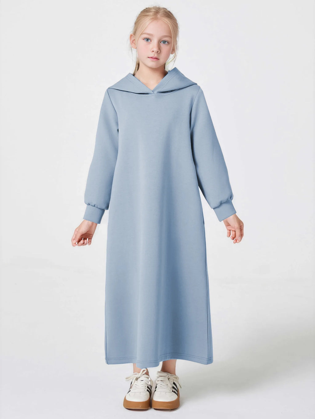 Middle East Muslim Fashion Abayas for Girls Solid Color Simple Hoodie Dress with Pocket Hooded Cuff Design Eid Ramadan Kids Robe