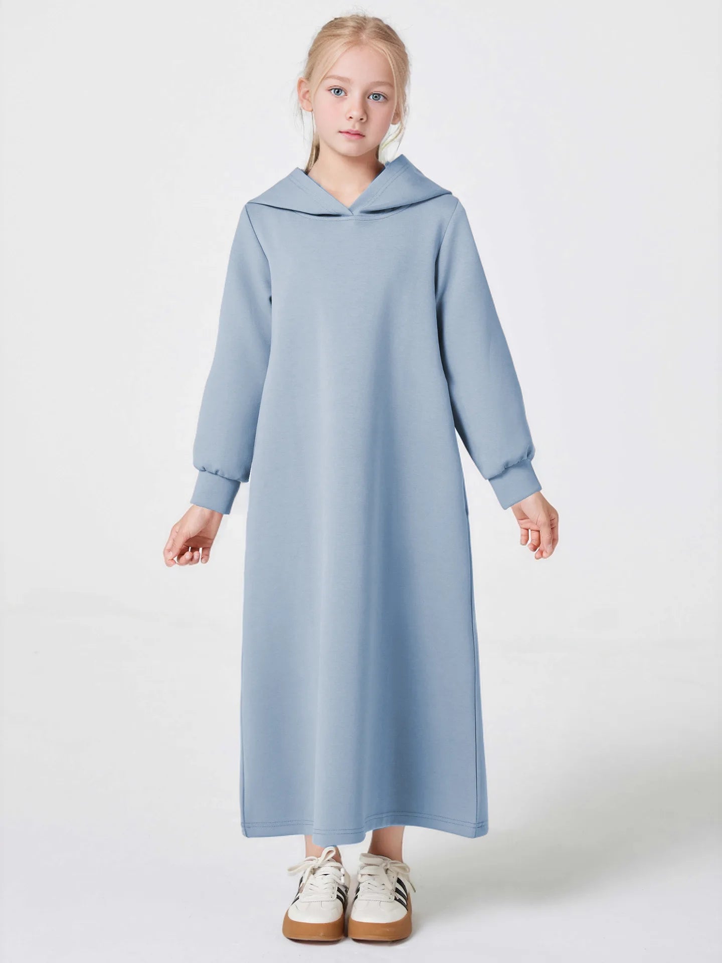 Middle East Muslim Fashion Abayas for Girls Solid Color Simple Hoodie Dress with Pocket Hooded Cuff Design Eid Ramadan Kids Robe