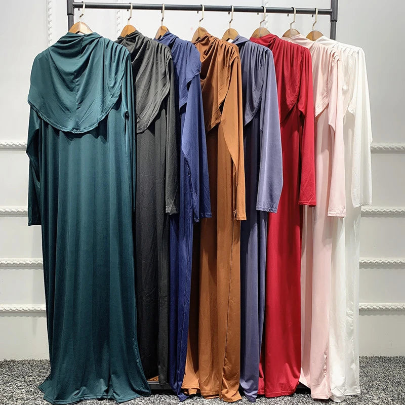 Women's Prayer Garment Ramadan Muslim Abaya Kaftan Women Jilbab with Hijab Abayat Islam Modest Dress Robe Islamic Arab Clothes