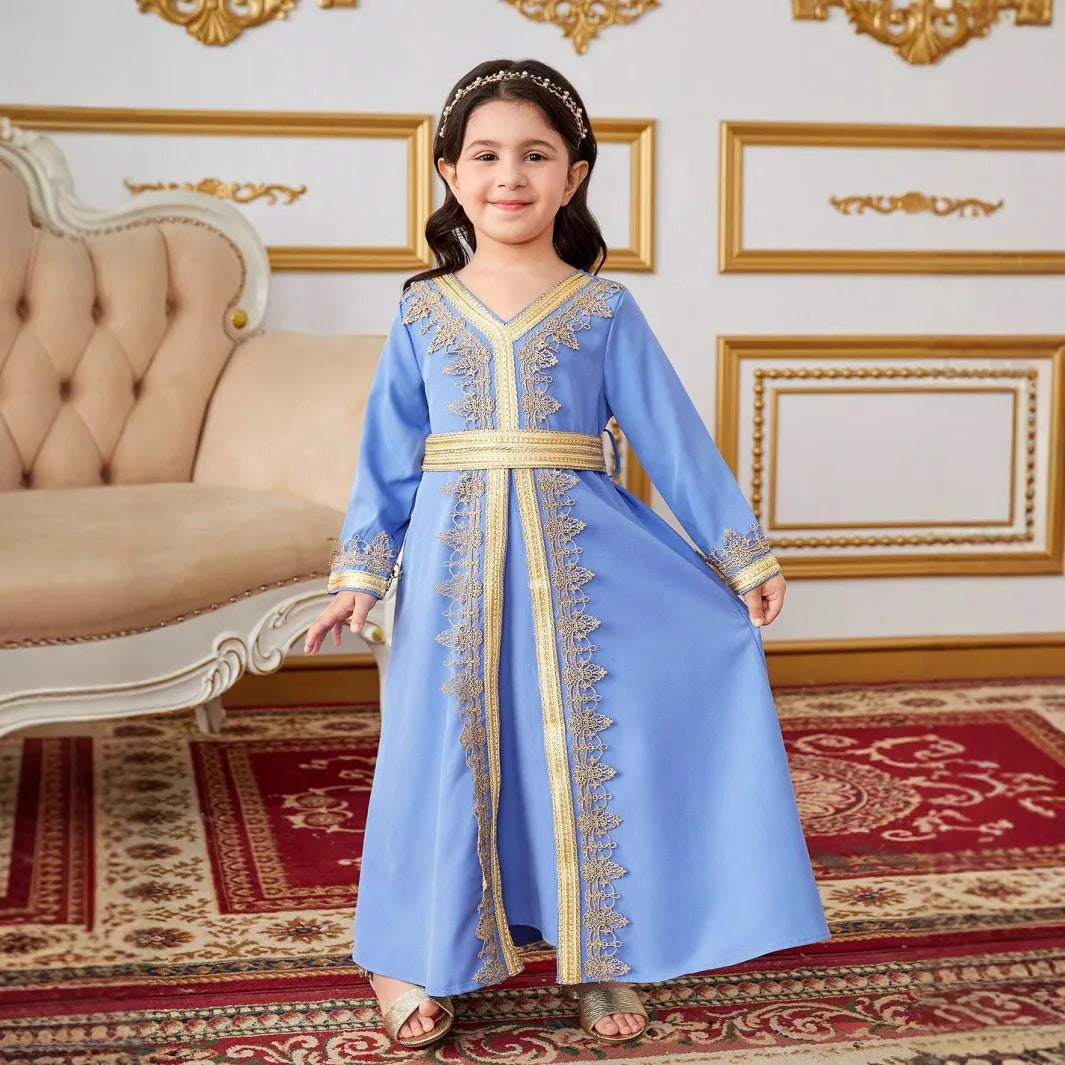 New Girl Ethnic Kaftan Dress Fashion Muslim Child Lace With Bow Belt Long Sleeves Dubai Banquet Gown Dress