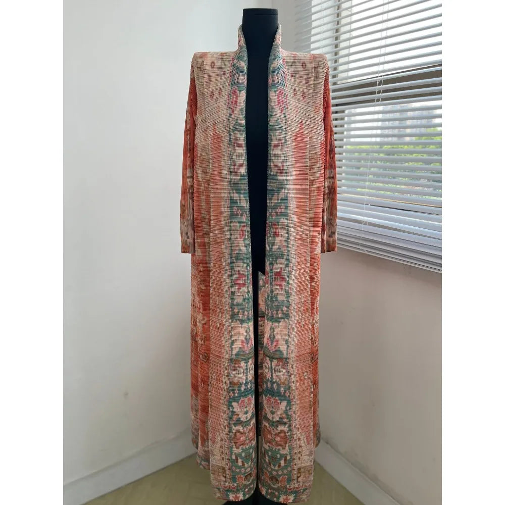 Miyake Pleated Women's Long Cardigan Windbreaker Coat Autumn New Ethnic Style Printing Loose Plus Size Dress Cloak Robe