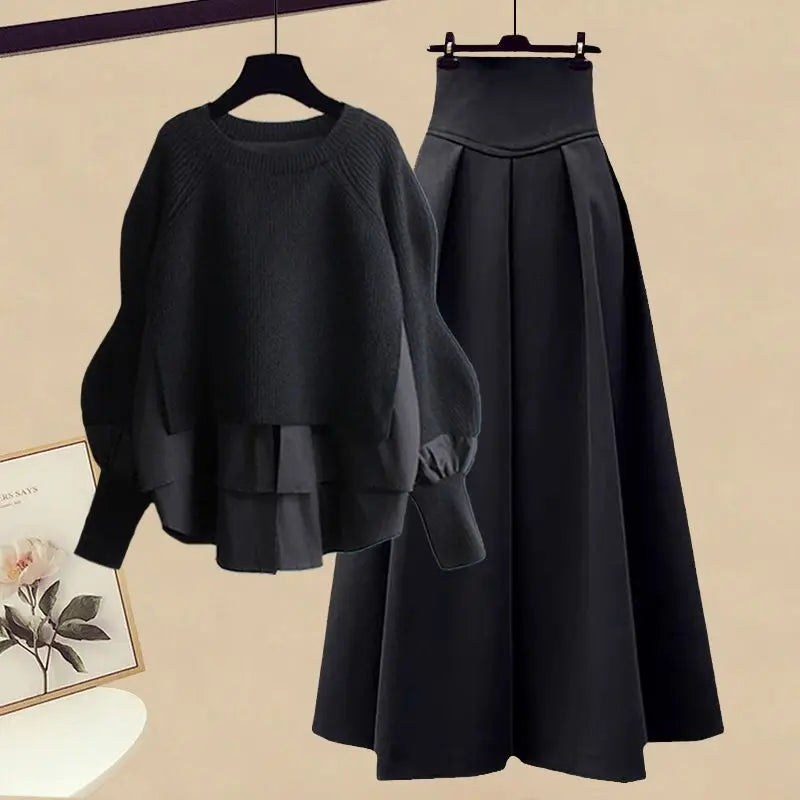 Spring/Autumn New Korean Elegant Splice Fake Two Piece Knitted Sweater Dress