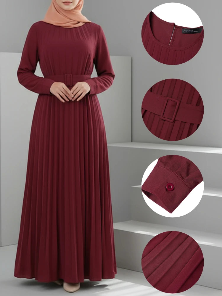 Dresses Women Muslim O-Neck Long Sleeve Belted Pleated Maxi Dress Elegant Loose Abaya Robes