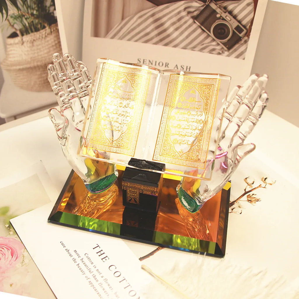 Muslim Crystal Ornament, Crystal Gilded Kaaba Hand Holding Book Model for Home Office Table Vehicle Decor Souvenirs  Eid Gift