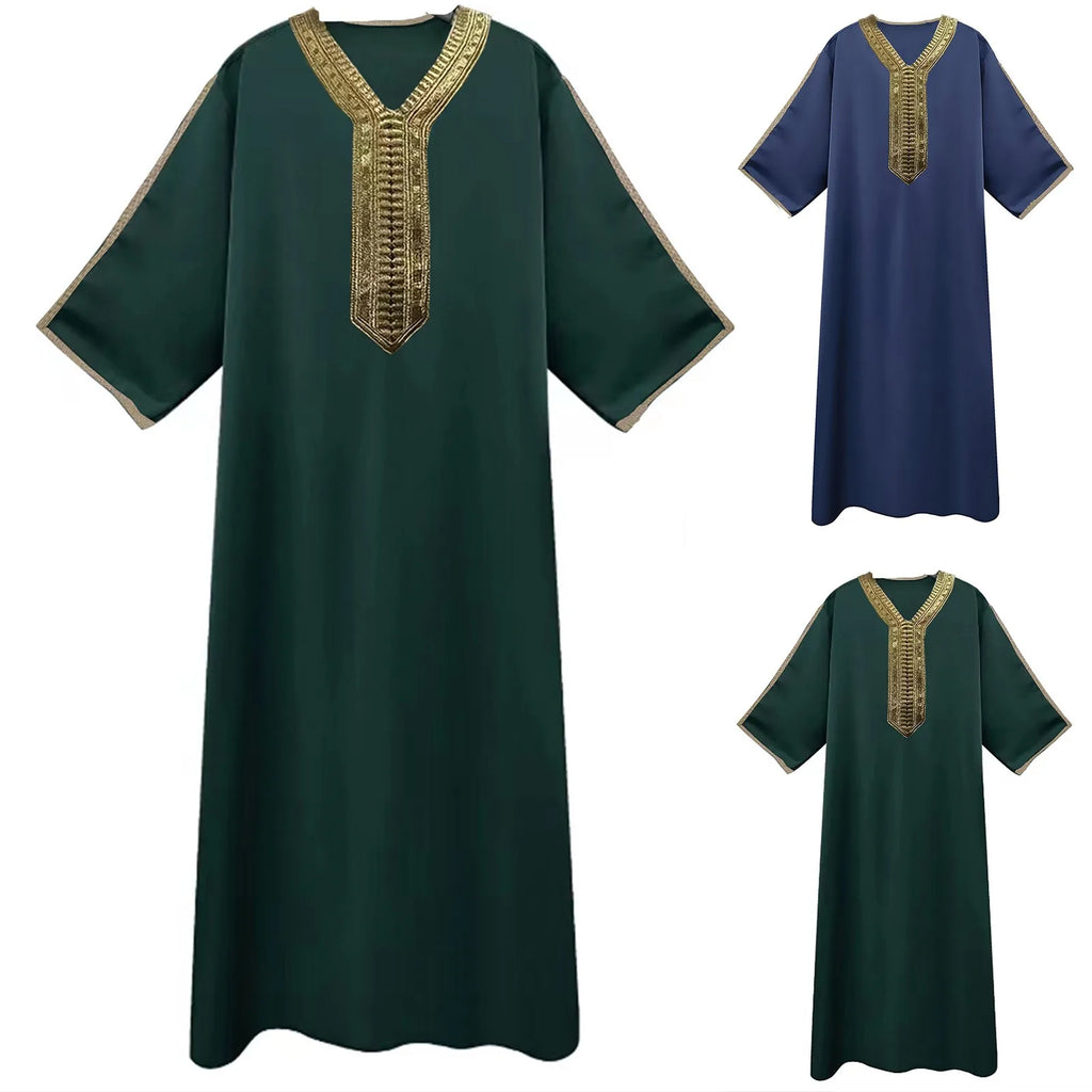 Men's Long Sleeve Muslim Robe Arab Middle Eastern Style Embroidered Loose Fit Casual Prayer Shirt for Spring And Summer