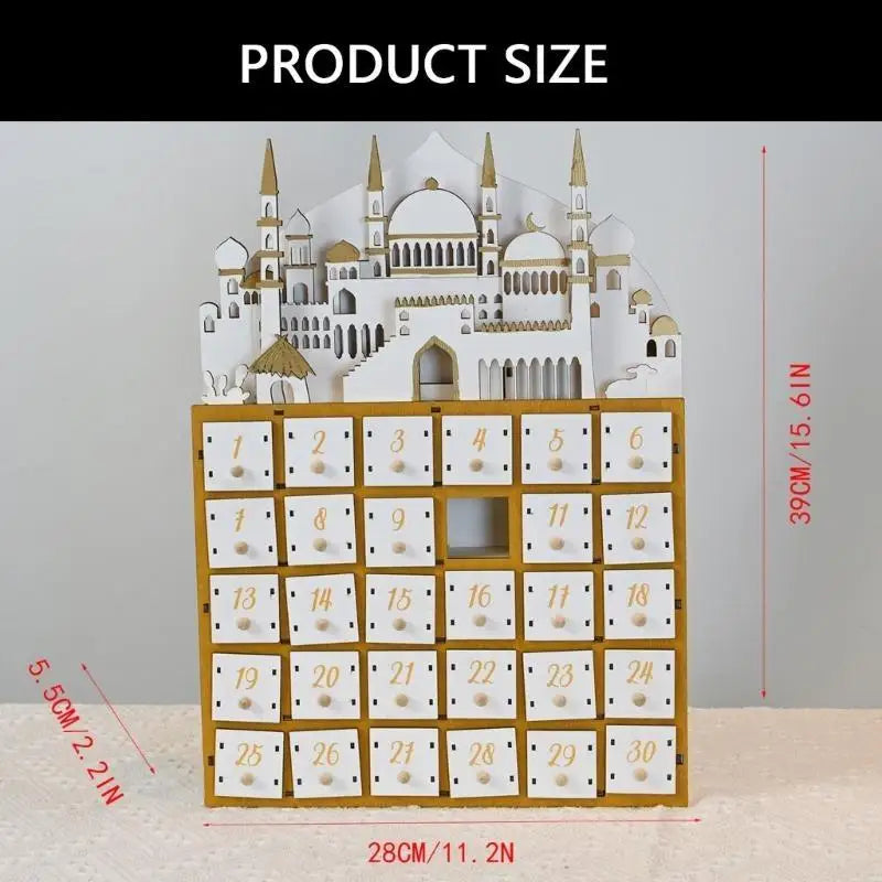 587F Eid Ramadans Countdown Calendar with LED Light and 30 Small Drawers Advent Decors for Islamics Parties Celebration