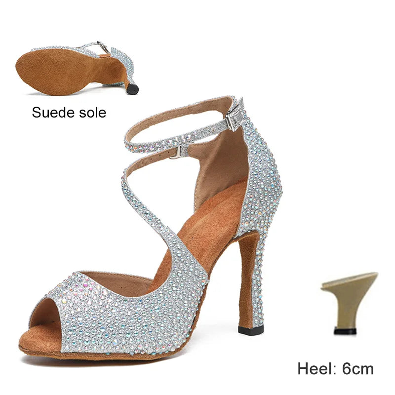 Dance Shoes For Women Ballroom Tango Rhinestones Dancing Shoes High Heels Black/Silver/Gold Women's Wedding Shoes