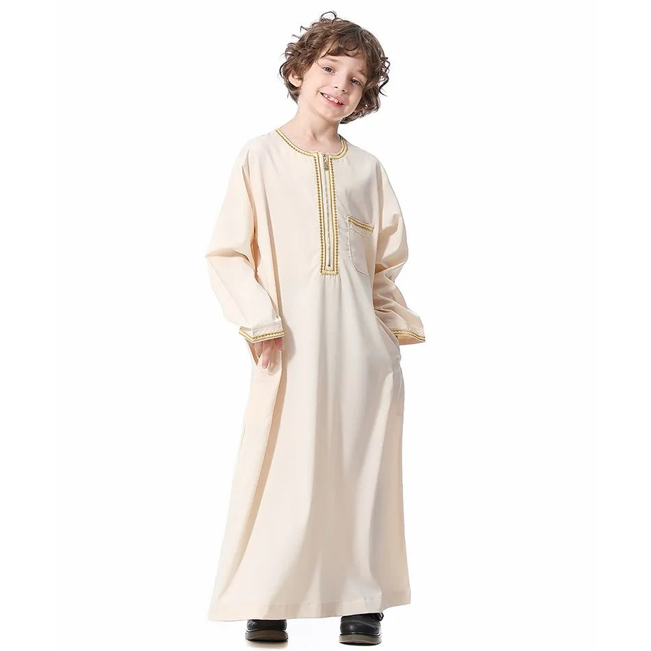 2025 New Children Thawb Teens Summer Muslim Robe Kids Arab Folk Clothes Boys Solid Color Thobe 5-14 Years National Outfit