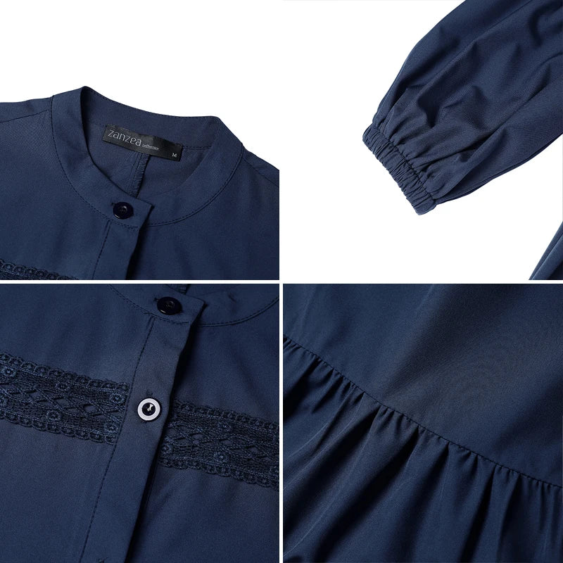 Dresses Elegant Lace Patchwork O-Neck Long Sleeve Belted Tiered A-Line Dress Abaya Robes