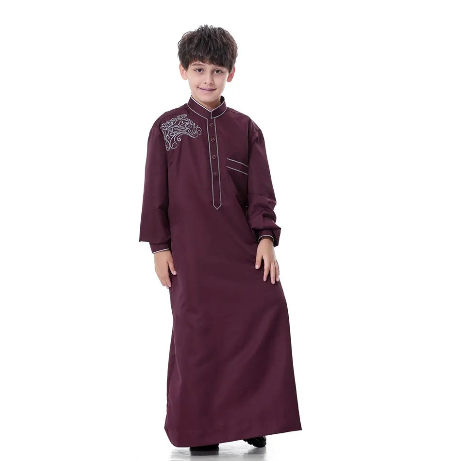 2025 New Kids Robe Children Embroidery Outfit Boys Ramadan Thawb Teens Long Sleeve National Clothes Arab Muslim Thobe 5-12 Years
