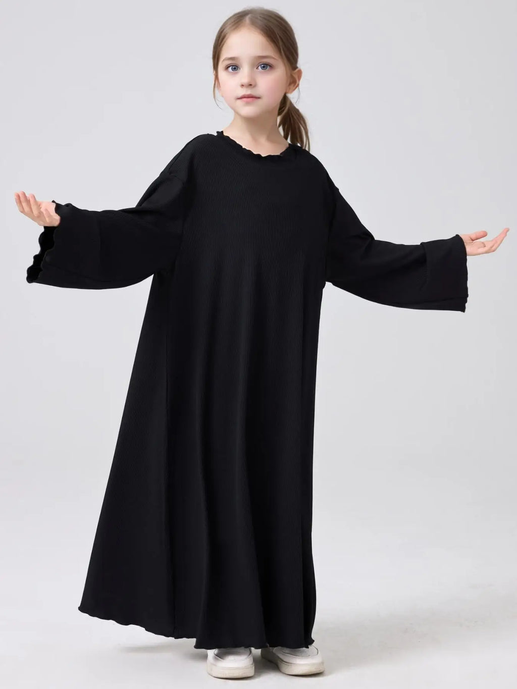 Middle Eastern Muslim Girls Princess Knitted Dress Wavy Edge Solid Color Robe