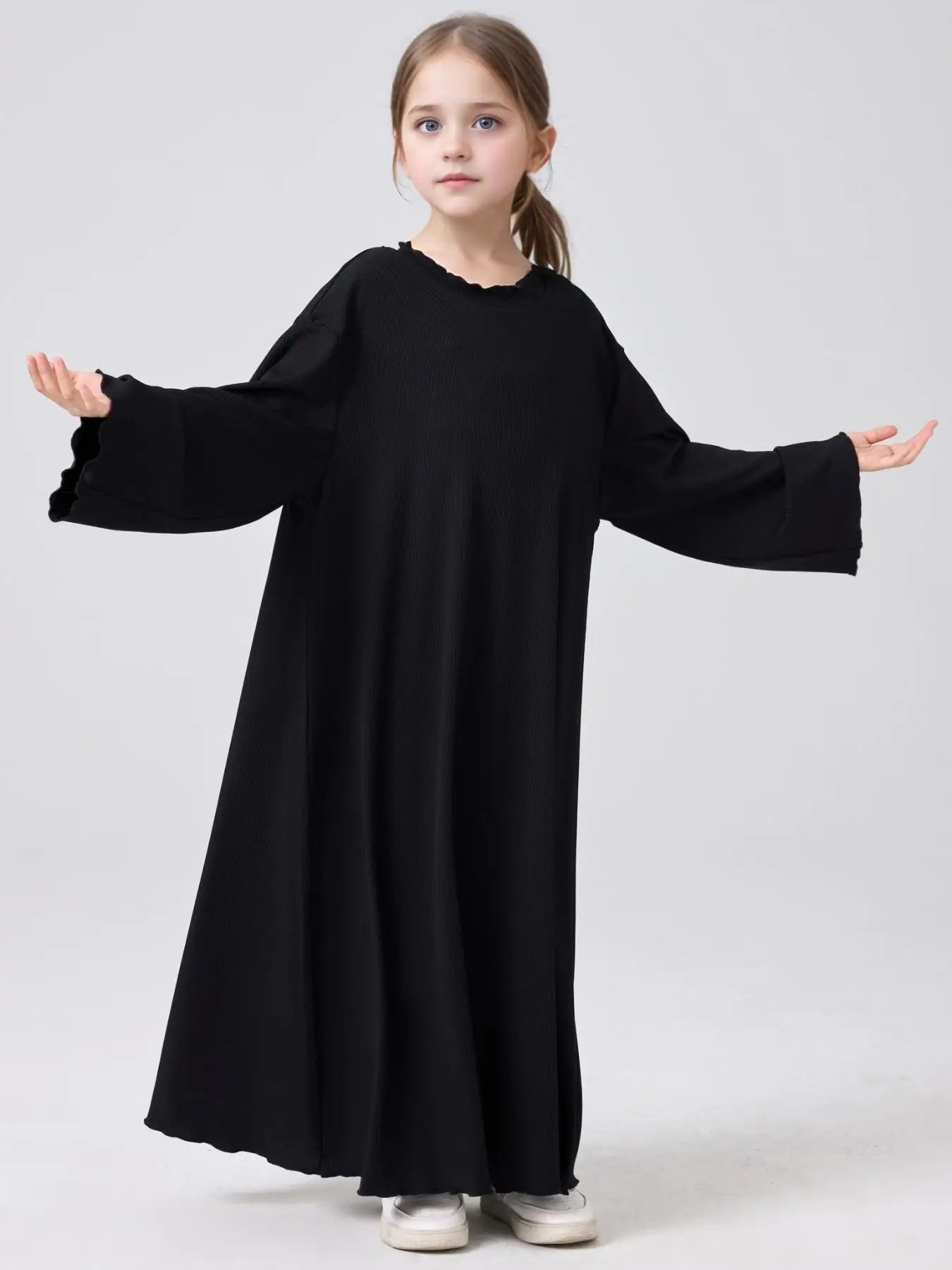 Middle Eastern Muslim Girls Princess Knitted Dress Wavy Edge Solid Color Robe