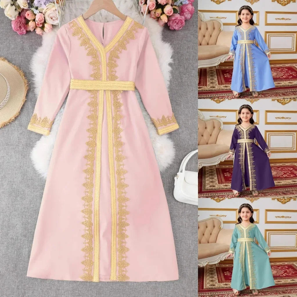 New Girl Ethnic Kaftan Dress Fashion Muslim Child Lace With Bow Belt Long Sleeves Dubai Banquet Gown Dress