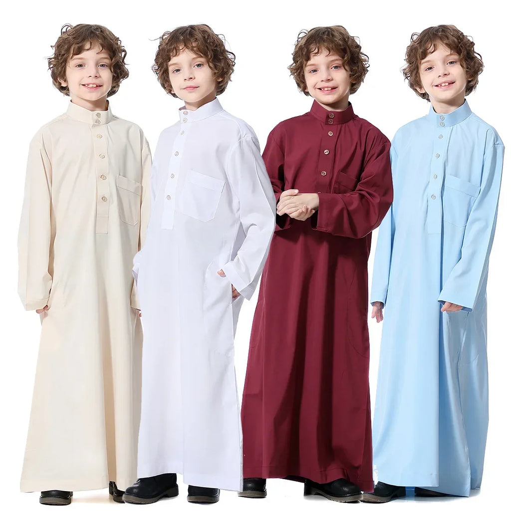 Muslim Saudi Arab Boys Robe Kids Abaya Kaftan Prayer Islam Ramadan Clothing Long Sleeve Thobe Middle East Teenage Dress Dubai
